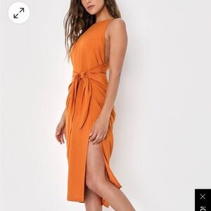 Lulus Rust Orange Halter Faux Wrap Midi Dress